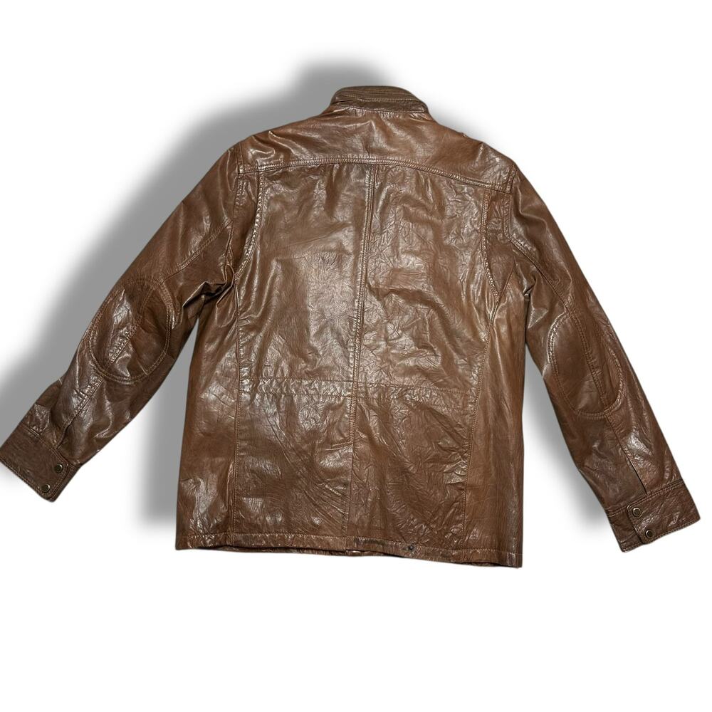Andrew Marc Brown Leather Utility Moto Chore Jacket Mackinaw Style Sz L - Picture 2 of 10
